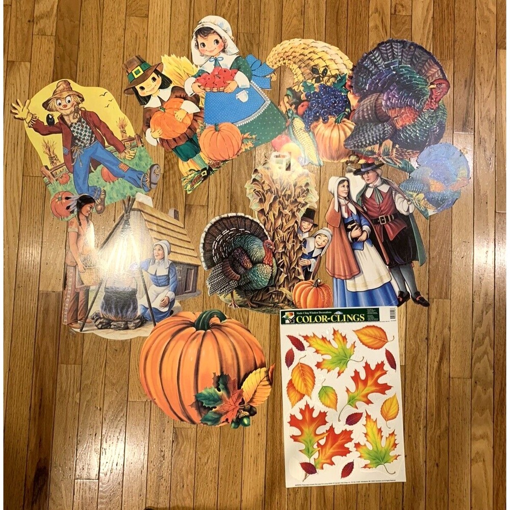 Thanksgiving Die Cuts Large Vintage 10 piece +‎ Leaf Clings Pilgrim Pumpkin Fall